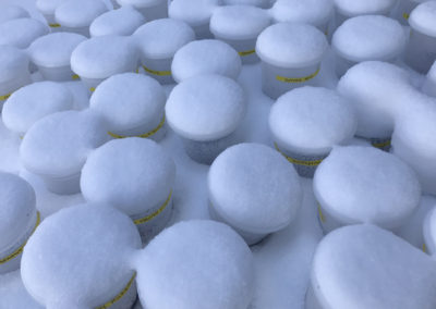 snow covers containers of seeds
